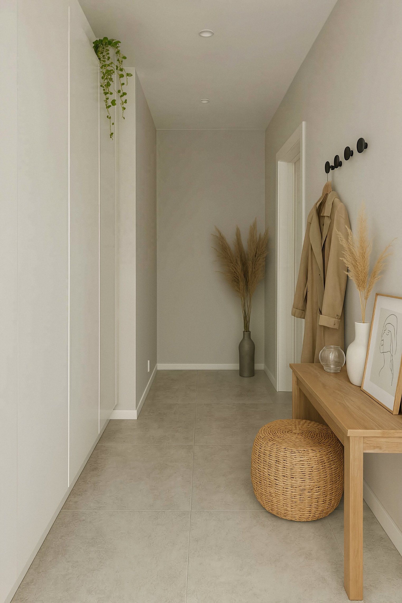 Lys gang med nisje, planter og naturlige detaljer i minimalistisk interiør.